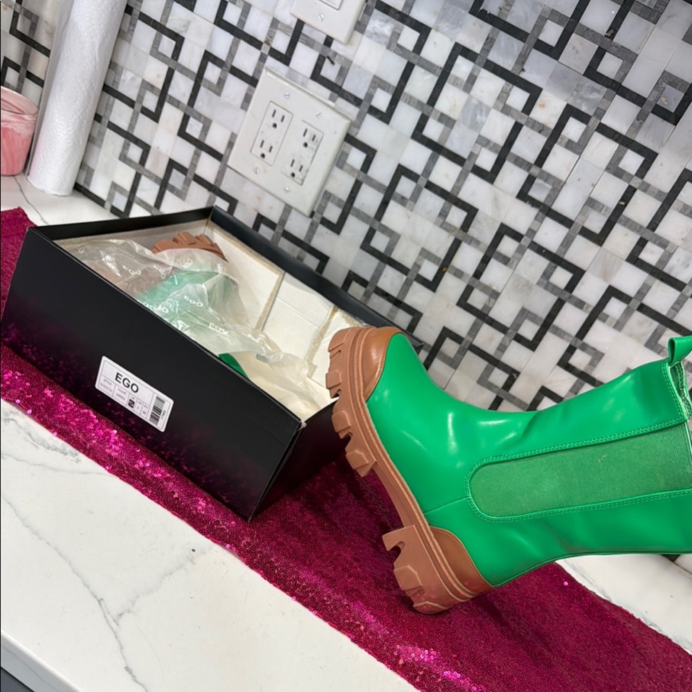 EGO Green Heeled Boots with Brown Accents